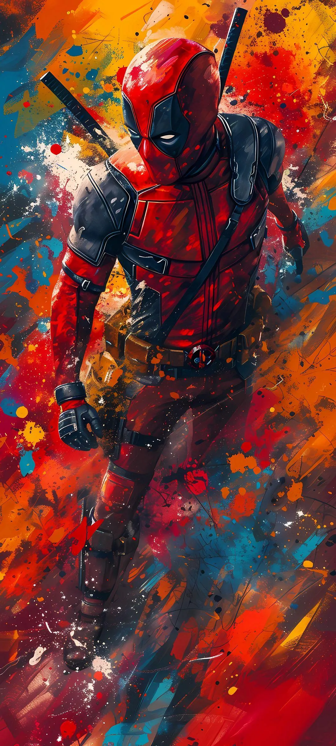 Vivid Portrait of Deadpool in Red Suit Amidst Color Burst