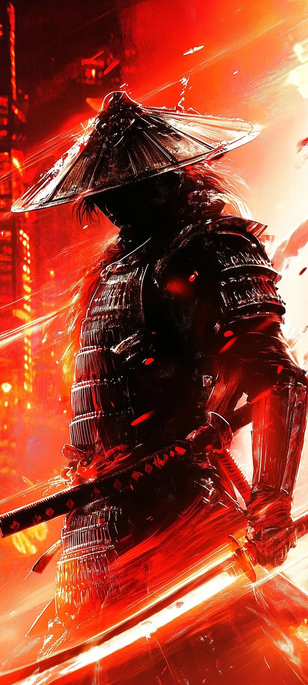 Warrior in Red Armor Holding Sword with Dramatic Background