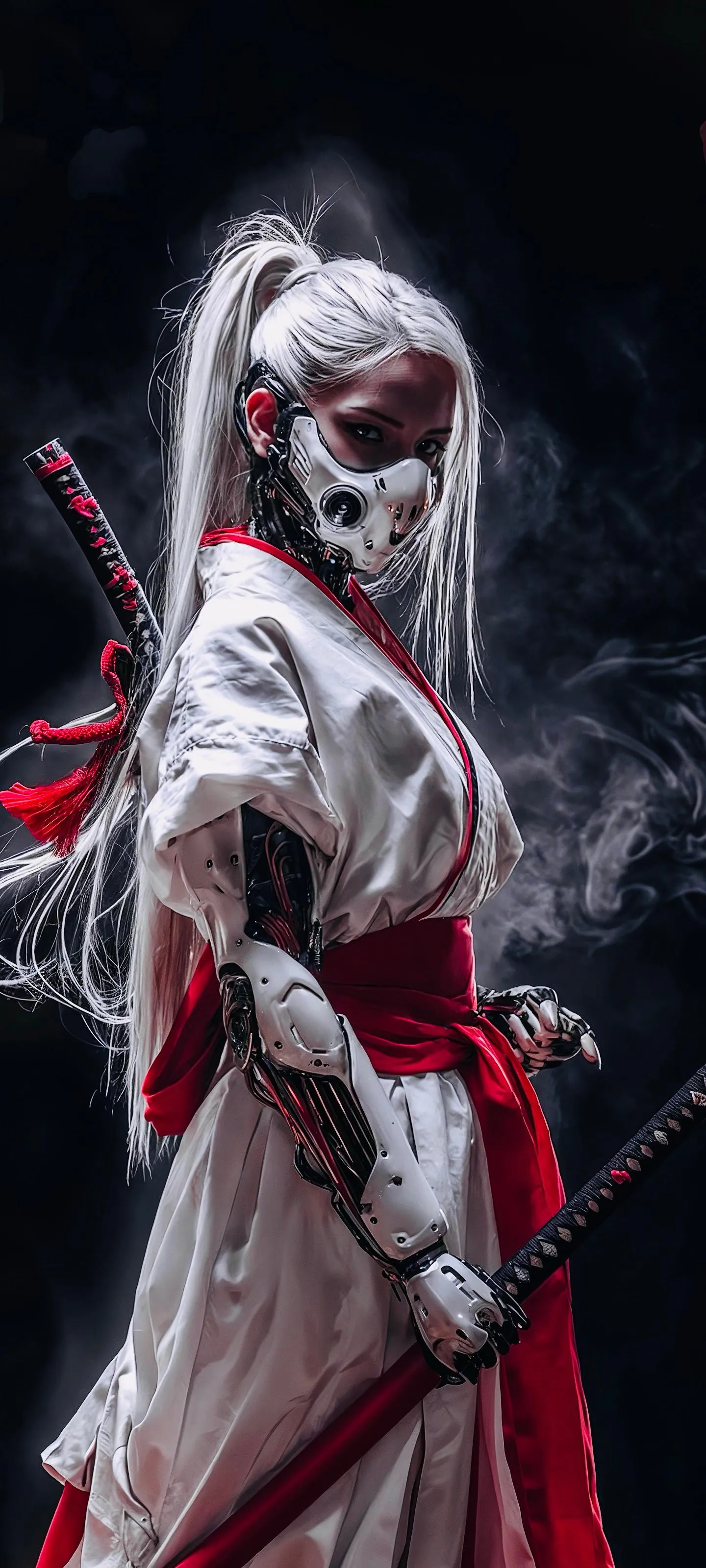 Warrior in White Robes Holding Dual Blades in Battle Stance