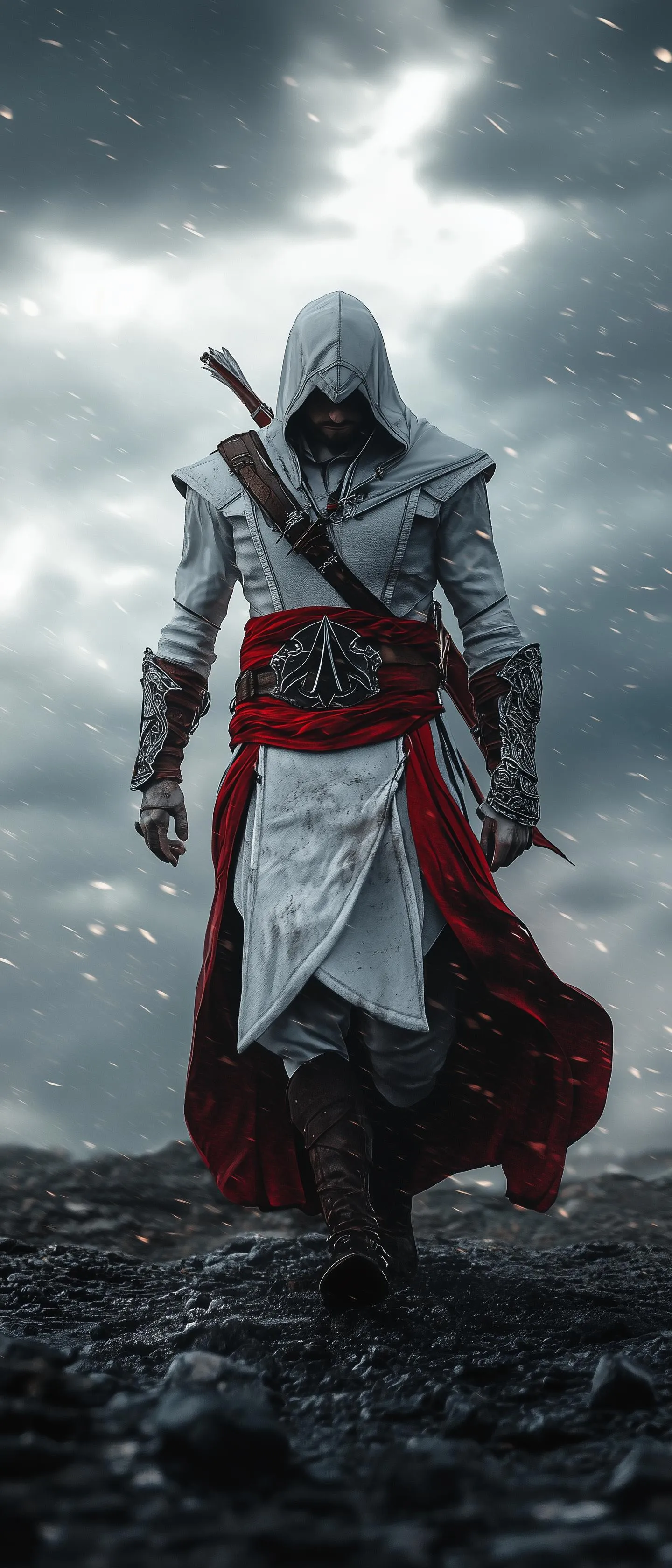 Warrior Standing on Cliff with Sword in Snowy Landscape