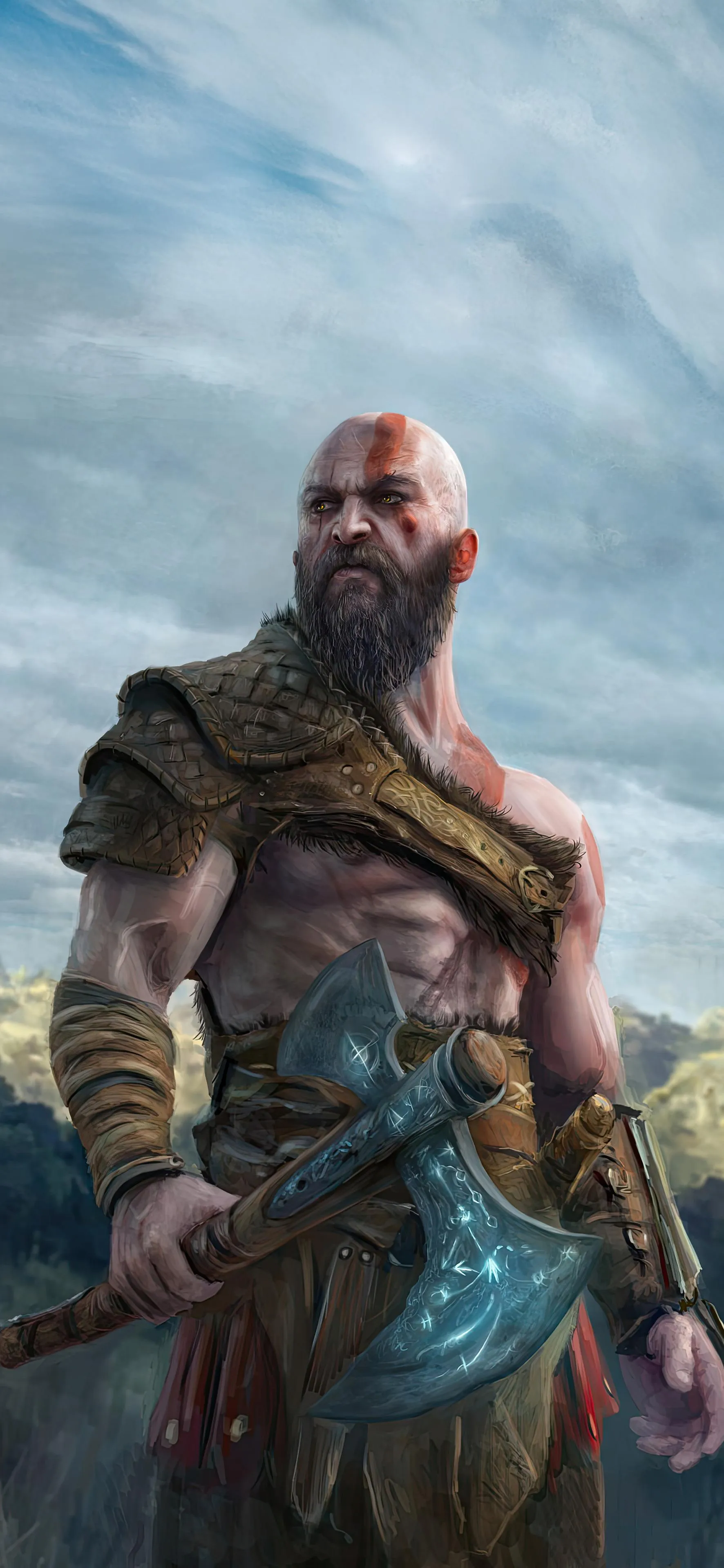 Warrior with armor standing confidently in fog Wallpaper