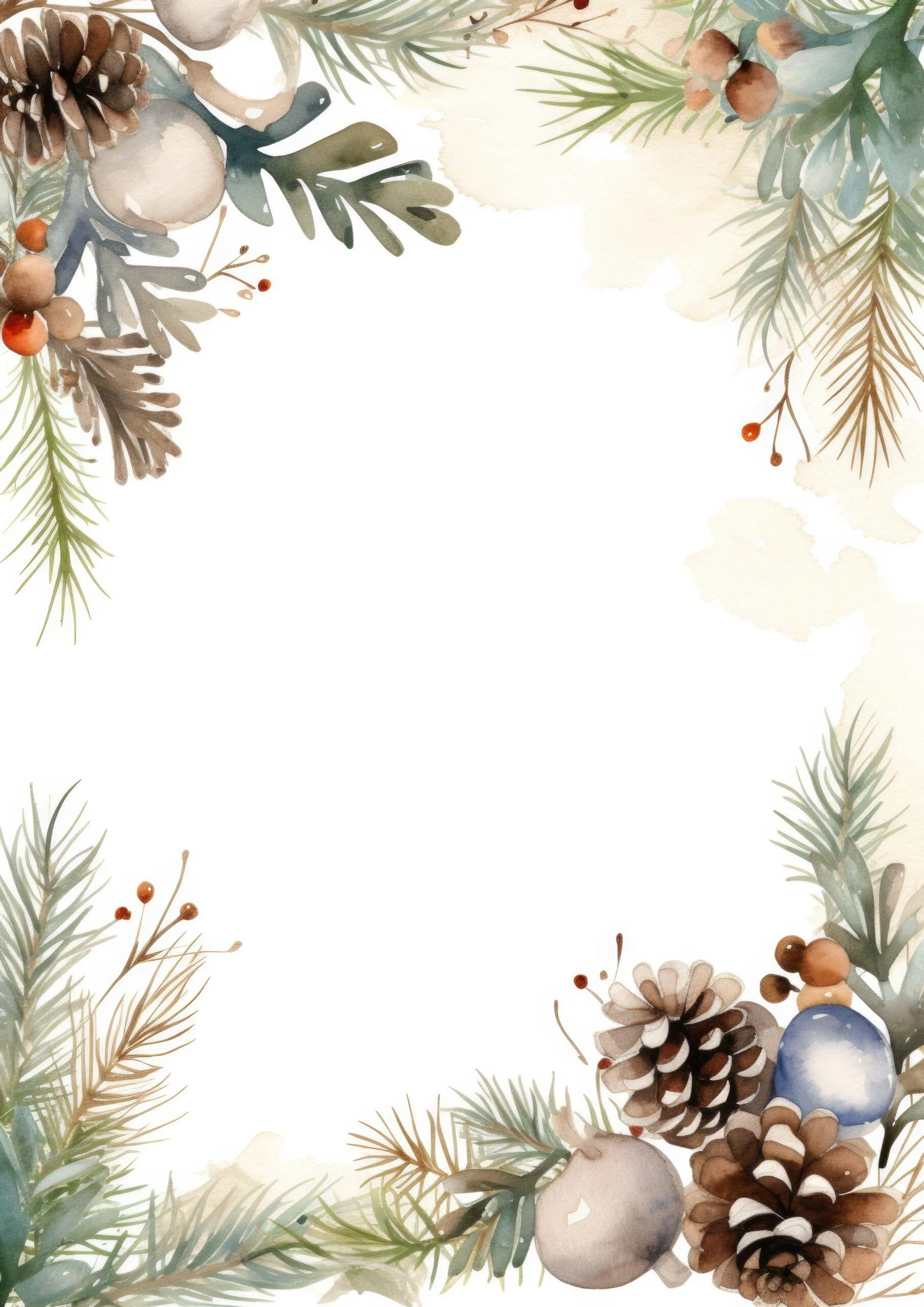 Watercolour winter pine and cones border for festive design