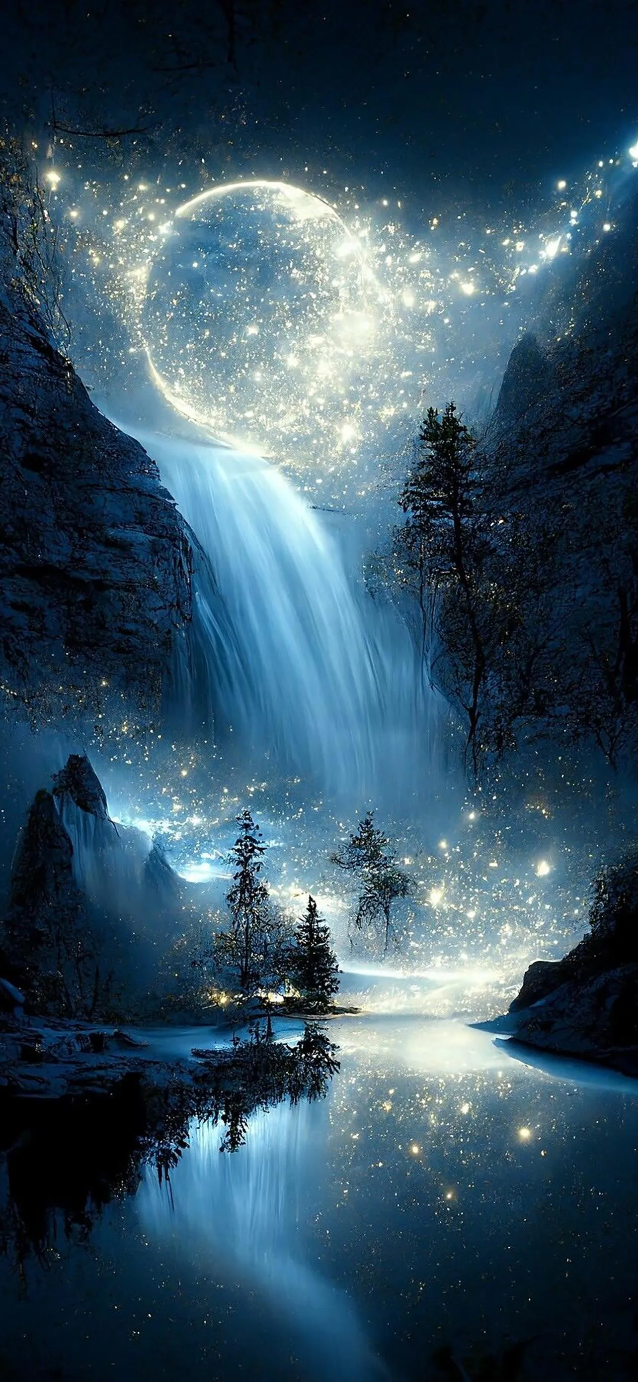 Waterfall and Moonlit Night in Mystical Dreamlike Scene