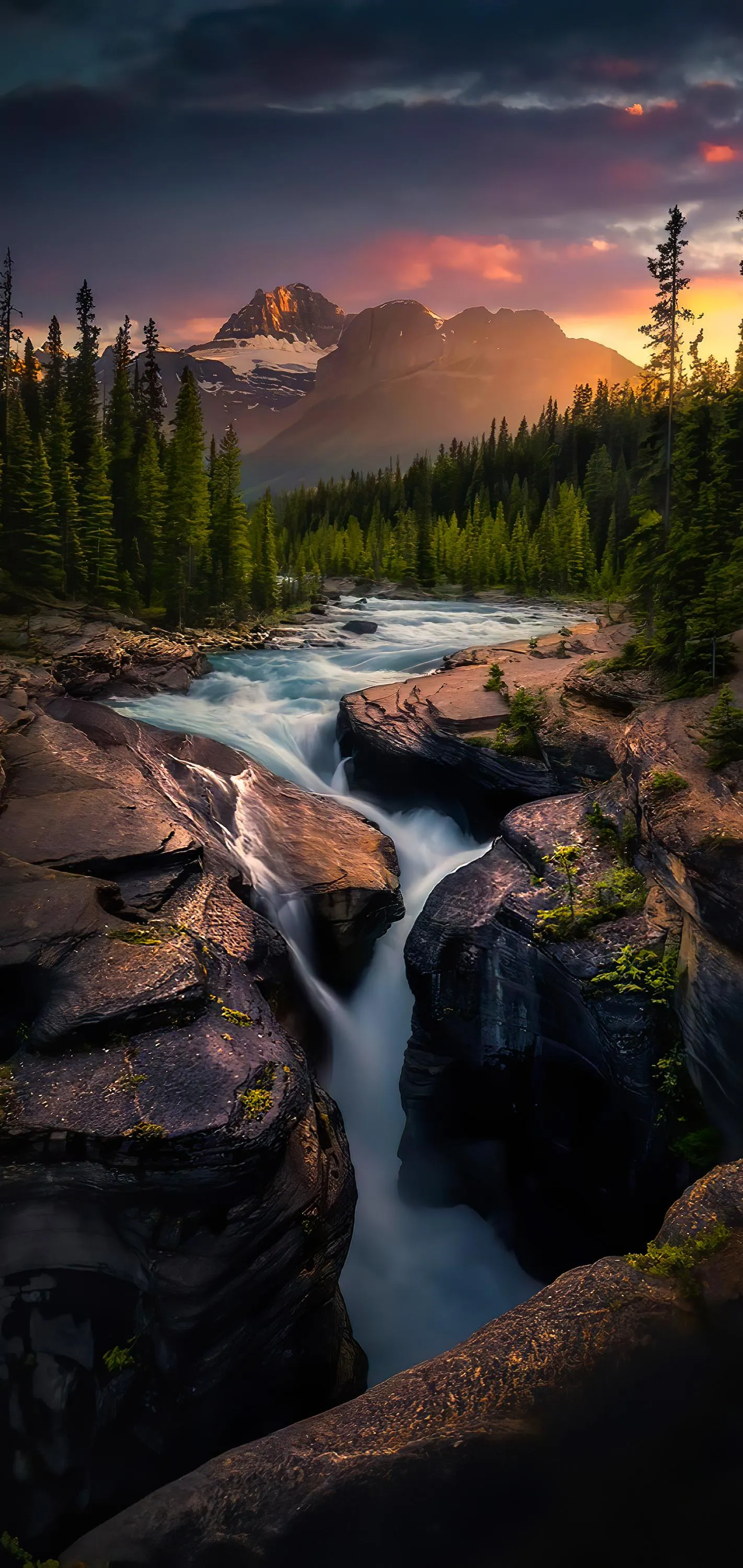 Waterfall and River Scene in Peaceful Mountain Forest