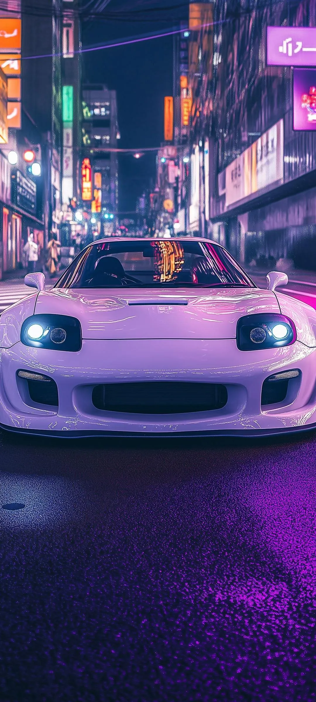 White car in neon lit cyberpunk themed city street