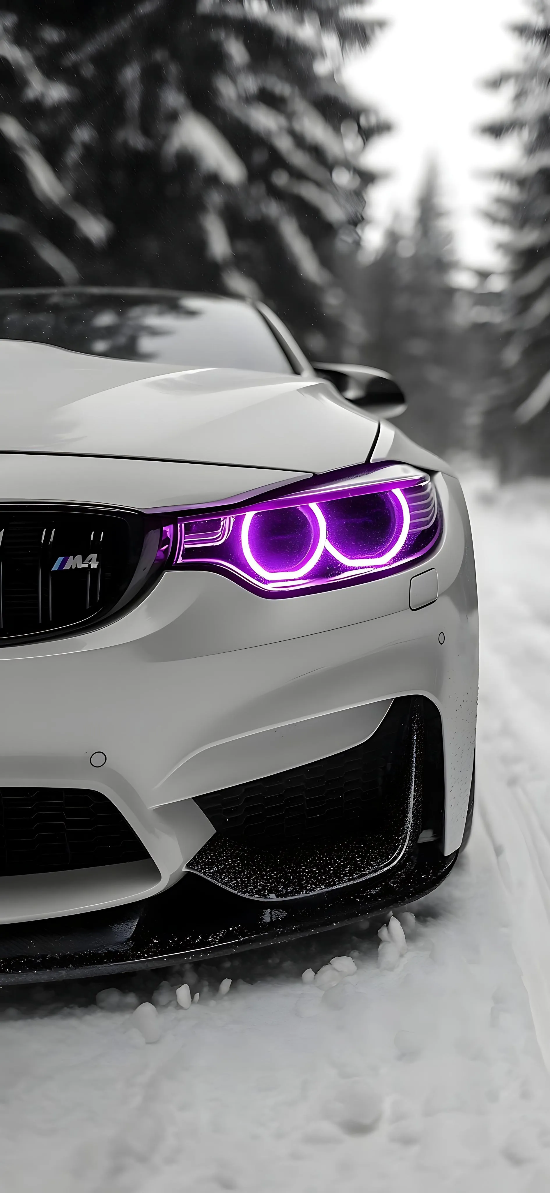 White Car with Purple Headlights on Snowy Road Mobile