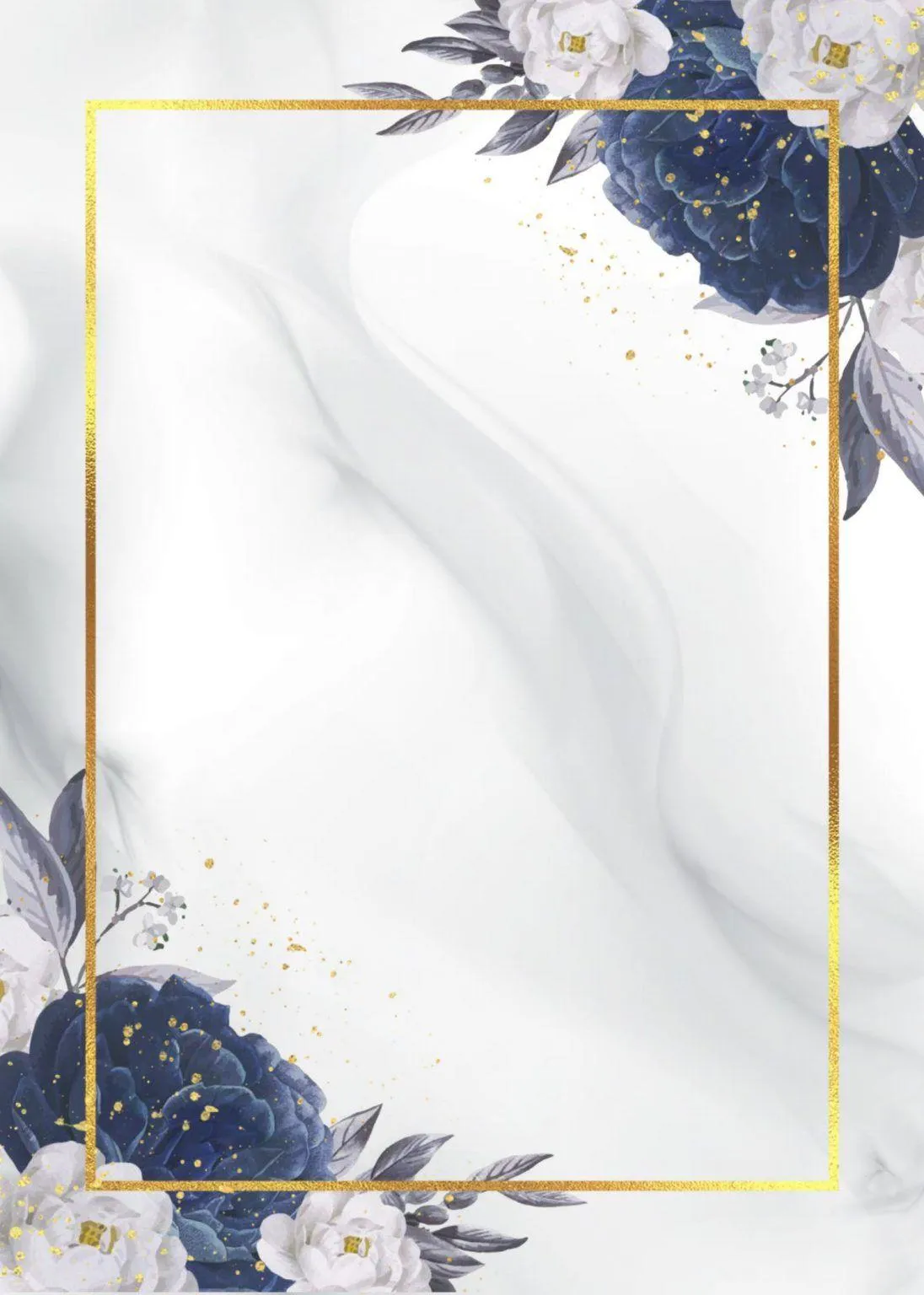 White marble background with navy and gold floral corners