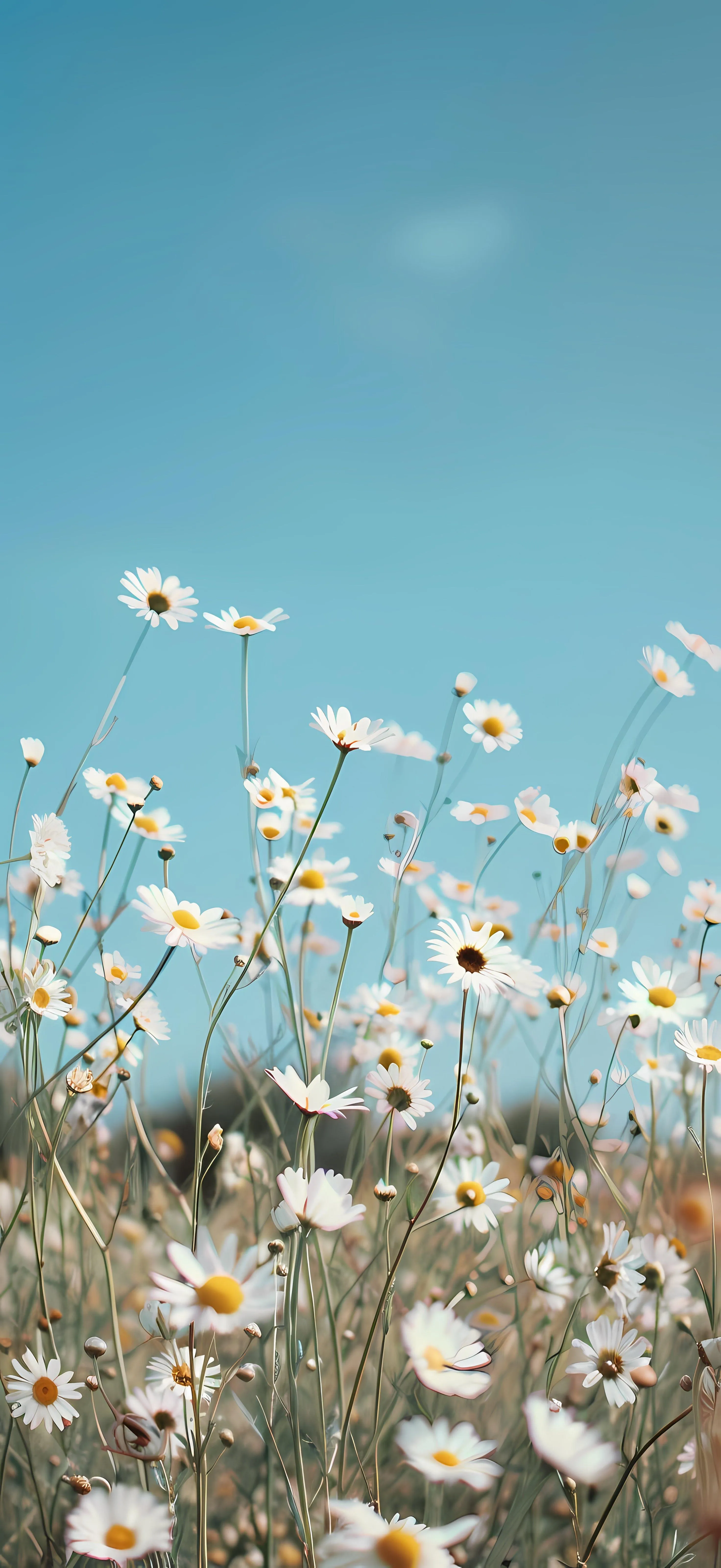 Wild daisies blooming in a sunny blue sky field Wallpaper