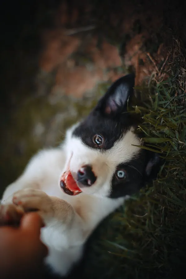 Adorable Black and White Puppy Looking Up Free Wallpaper