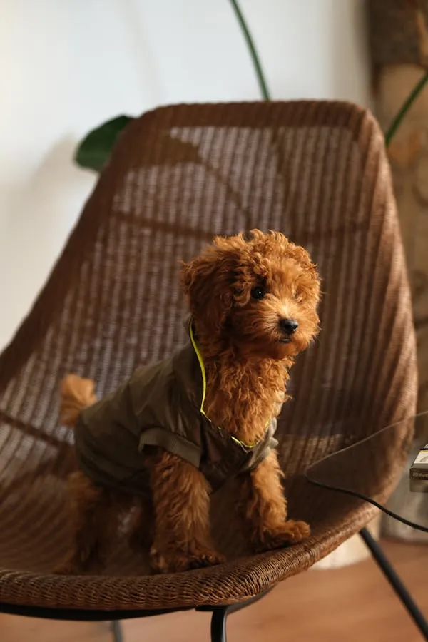Adorable Poodle Puppy Sitting on Wicker Chair Wallpaper