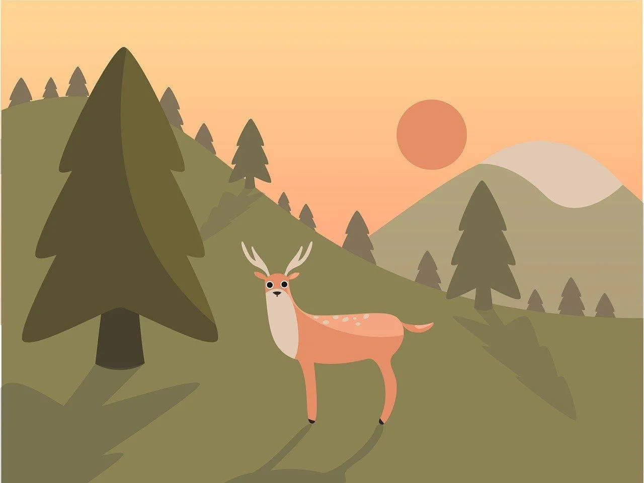 Artistic Illustration of Deer in Sunset Forest Landscape