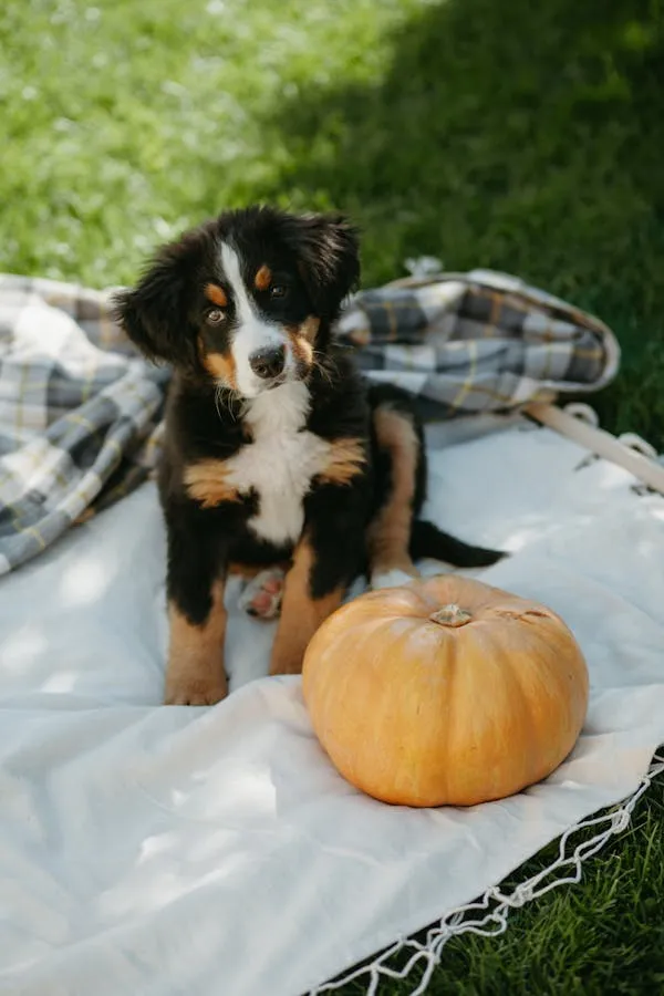Bernese Mountain Dog Puppy with a Pumpkin on Blanket Image