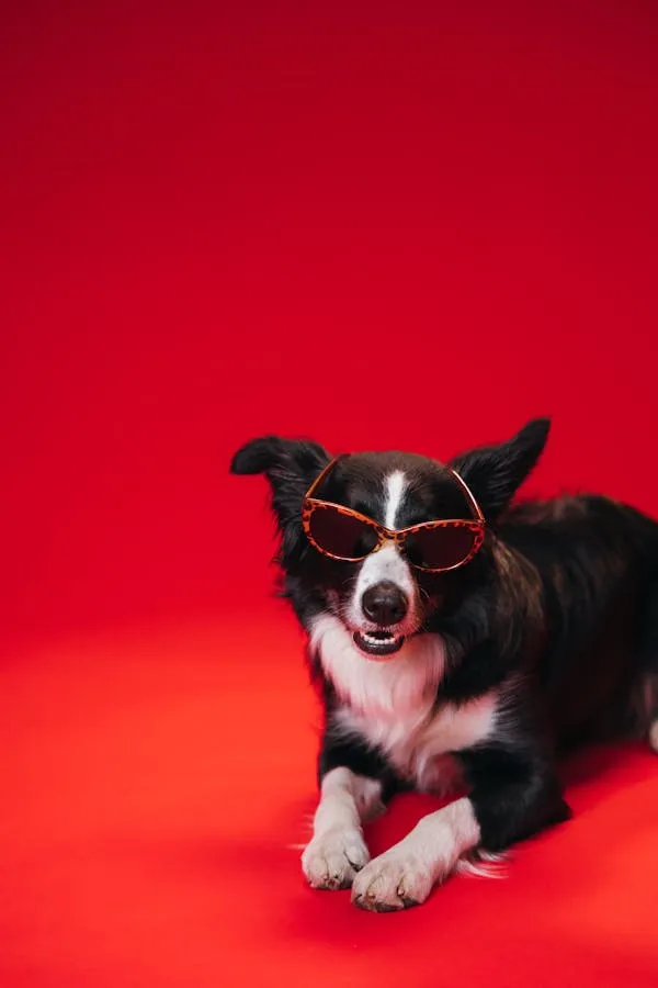 Black and White Dog Wearing Stylish Sunglasses on Red