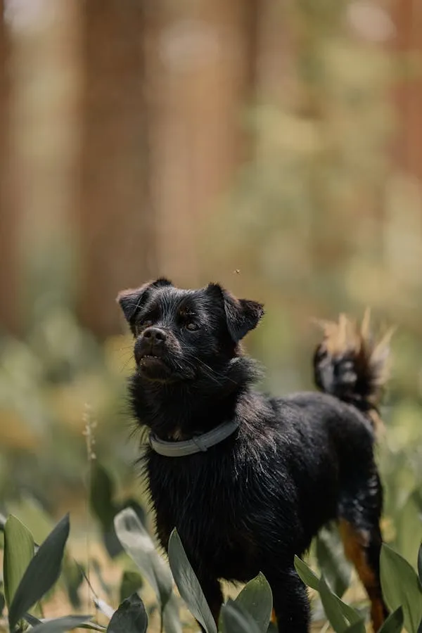 Black Puppy in Forest with Soft Sunlight in the Background