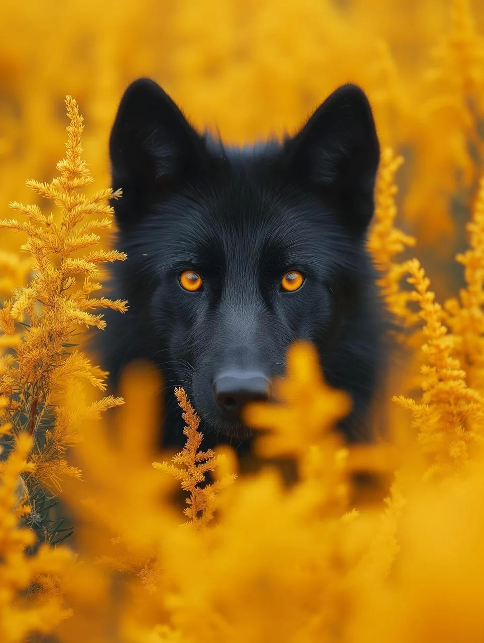 Black Wolf Standing in Bright Yellow Autumn Flowers