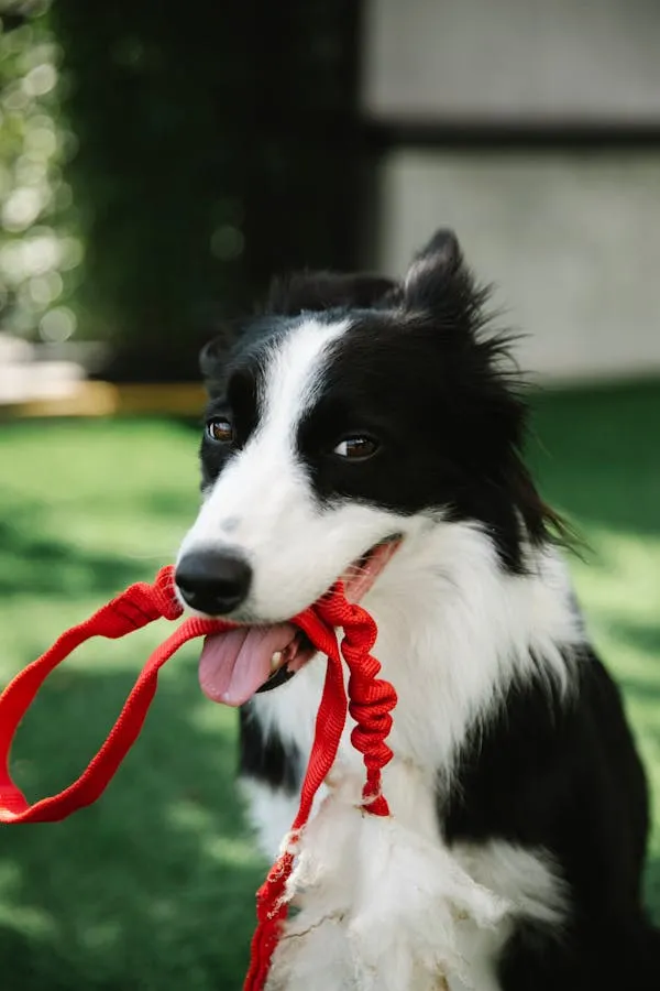 Border Collie Holding a Red Rope Toy in its Mouth Image