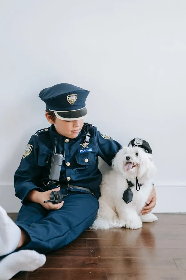 Boy in Police Costume with a Dog in a Matching Outfit Image