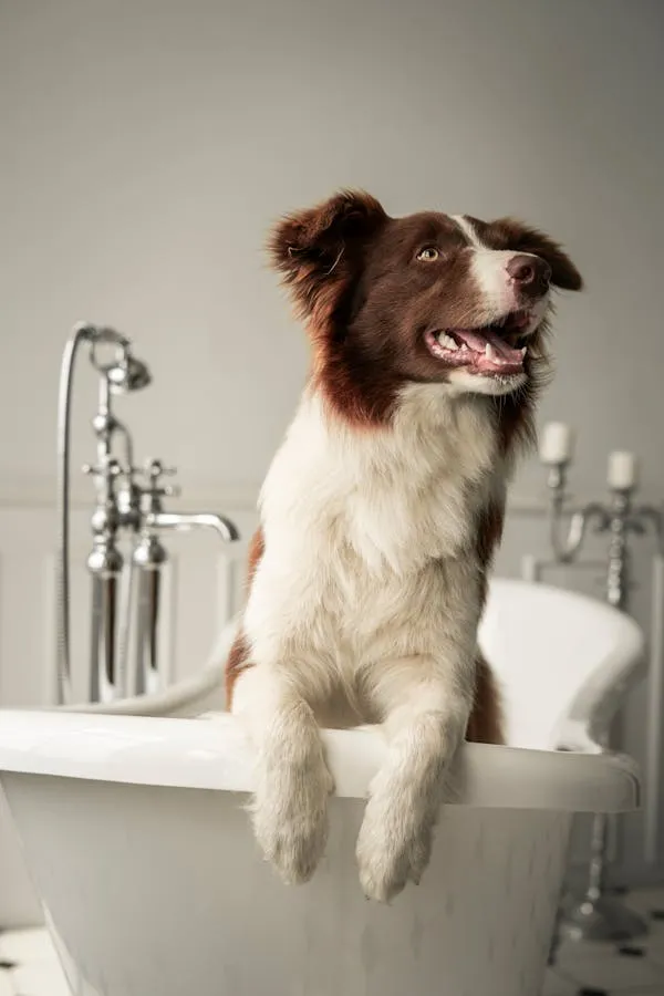 Brown and White Dog Leaning on a Bathtub Edge in Bathroom