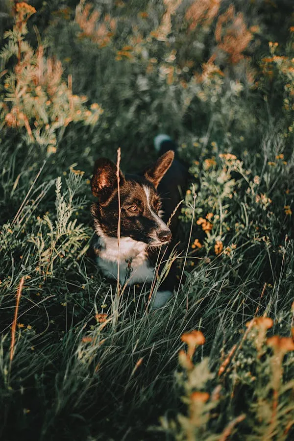 Brown and White Dog Resting in Tall Grass with Flowers Hd