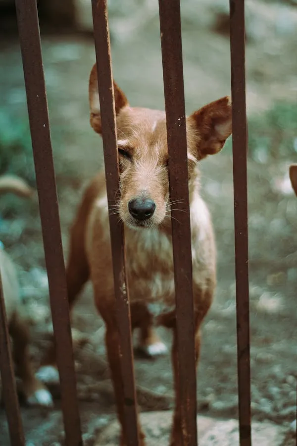 Brown Dog Looking Through the Vertical Iron Bars Hd Image