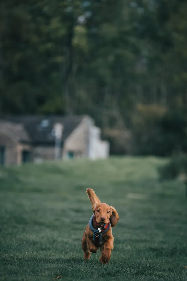 Brown Dog Running Excitedly Across a Green Grassy Field