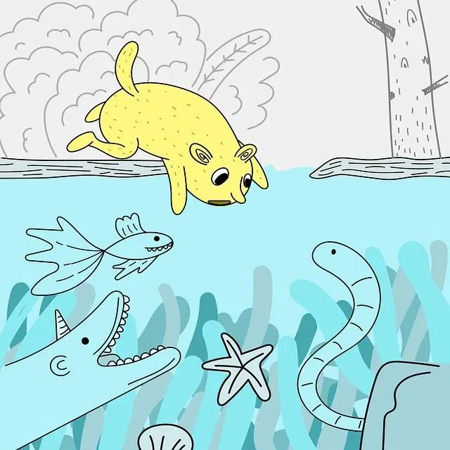 Cartoon Whale and Fish Swimming in Ocean Illustration