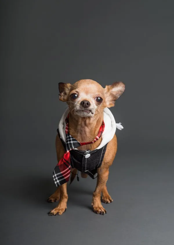 Chihuahua Dog in a Stylish Tie and Jacket on Gray Wallpaper