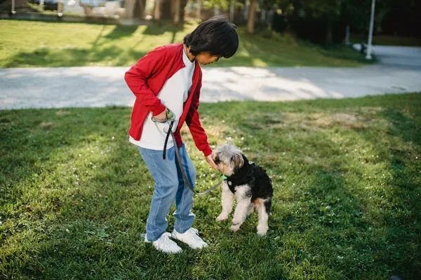 Child in Red Jacket Playing with a Puppy in Outside Image