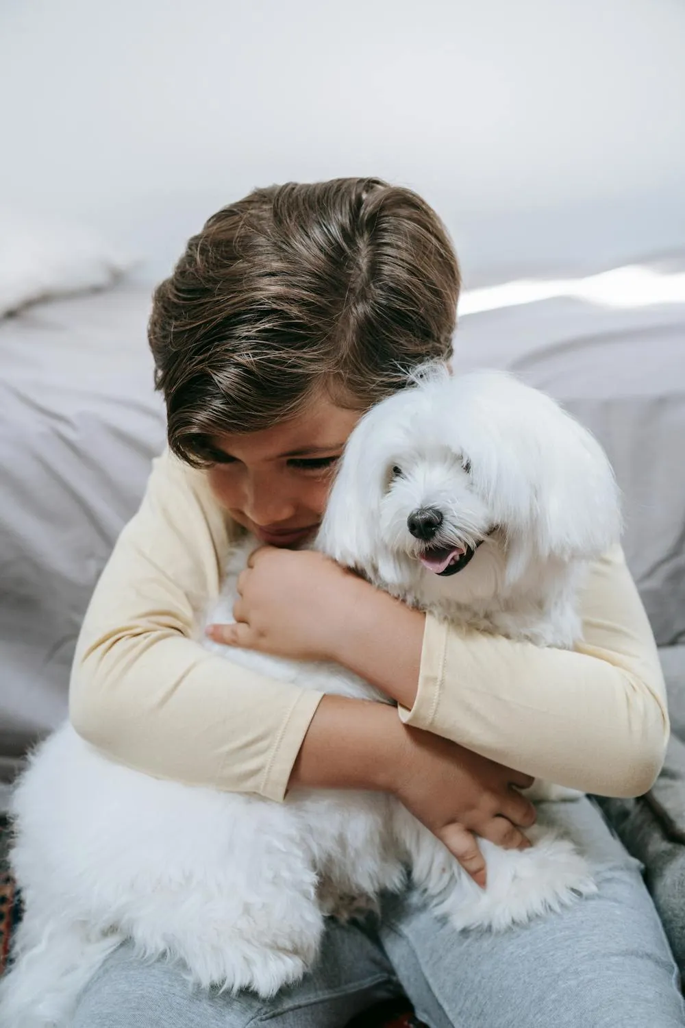 Child Lovingly Hugging a Happy White Fluffy Dog Wallpaper