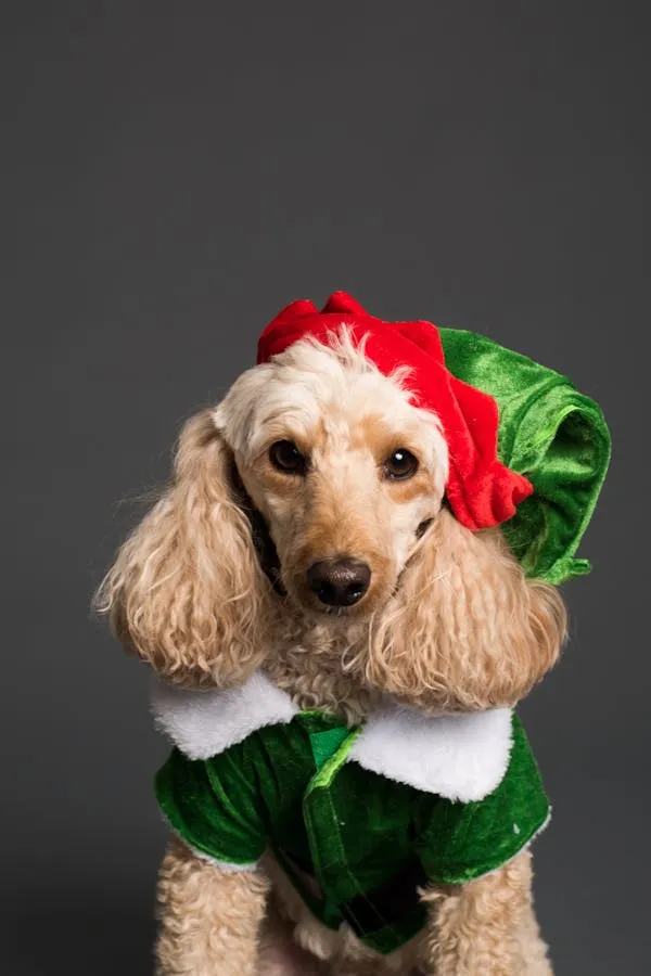 Cocker Spaniel Puppy Dressed in Green and Red Festive Hat