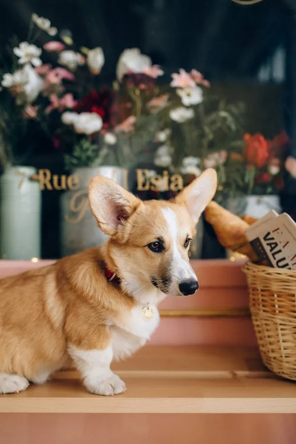 Corgi Dog Sitting on a Wooden Surface with Flower Background