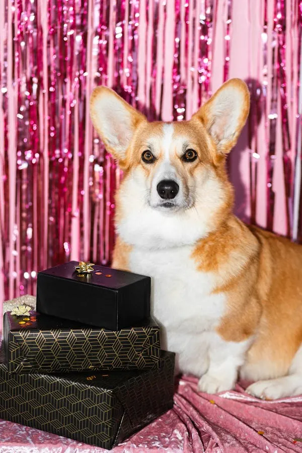 Corgi Puppy Sitting Near the Gift Boxes and Pink Curtains