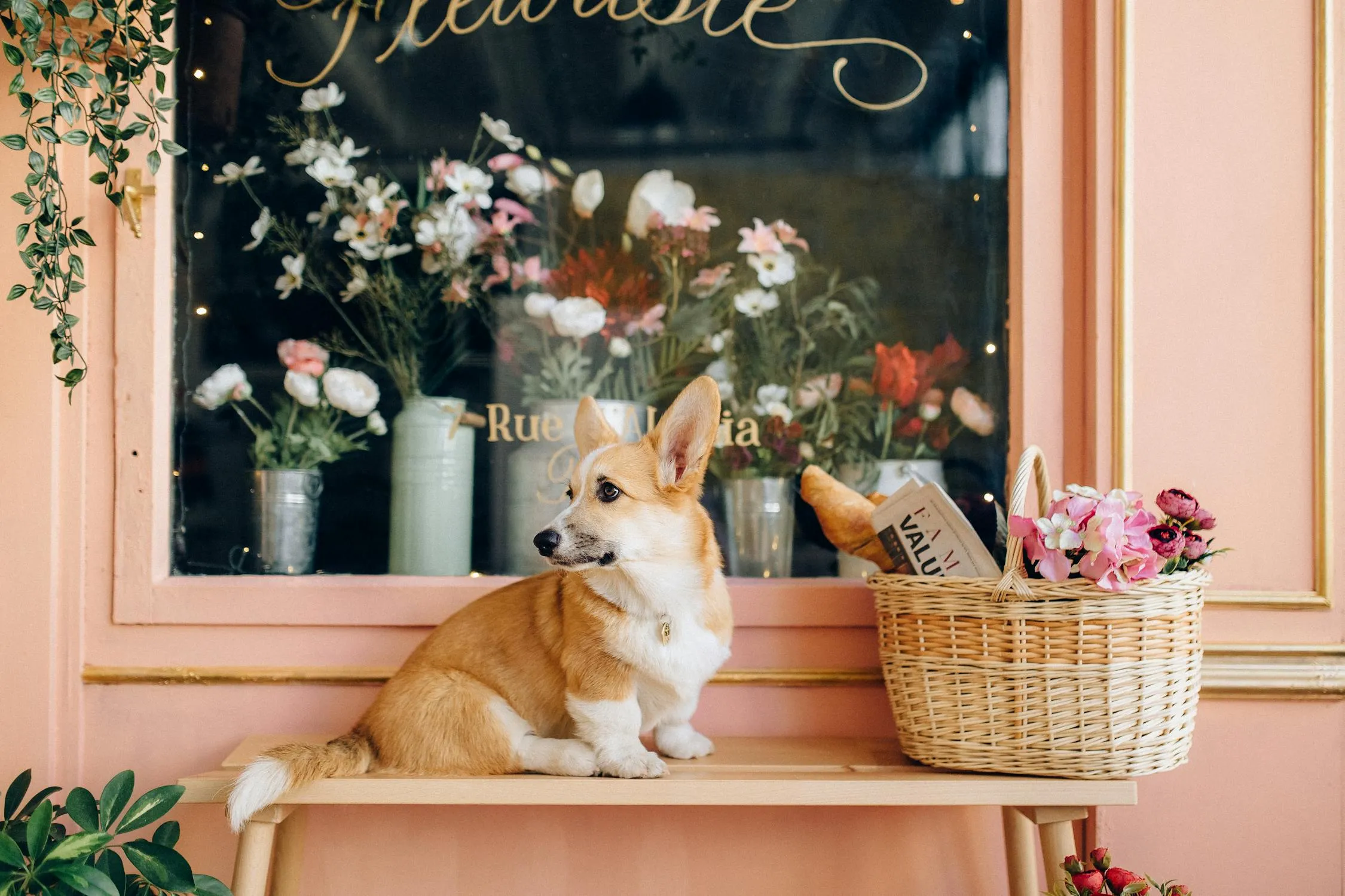 Corgi Sitting in the Flower Shop Window with Basket Image