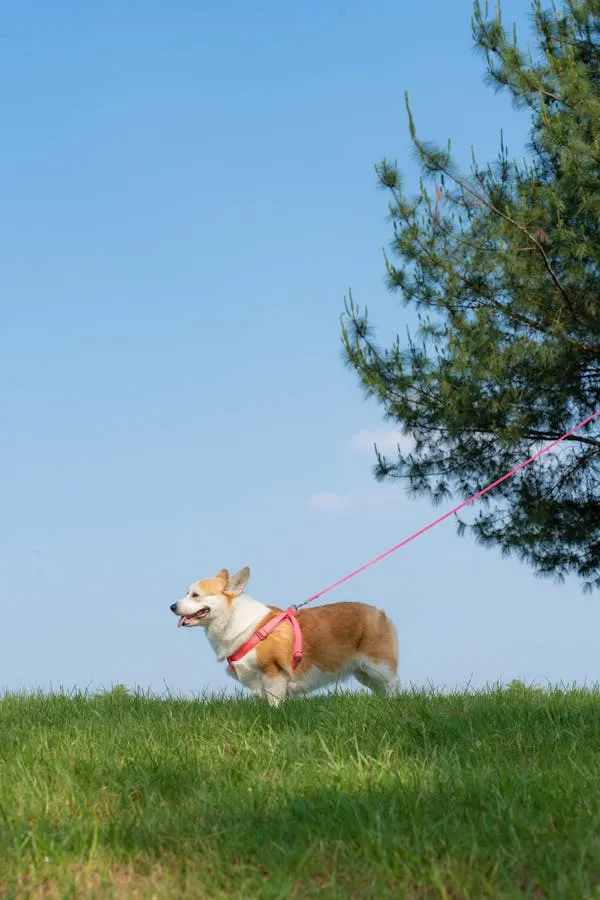 Corgi Wearing a Pink Belt Standing on a Grassy Hill Image