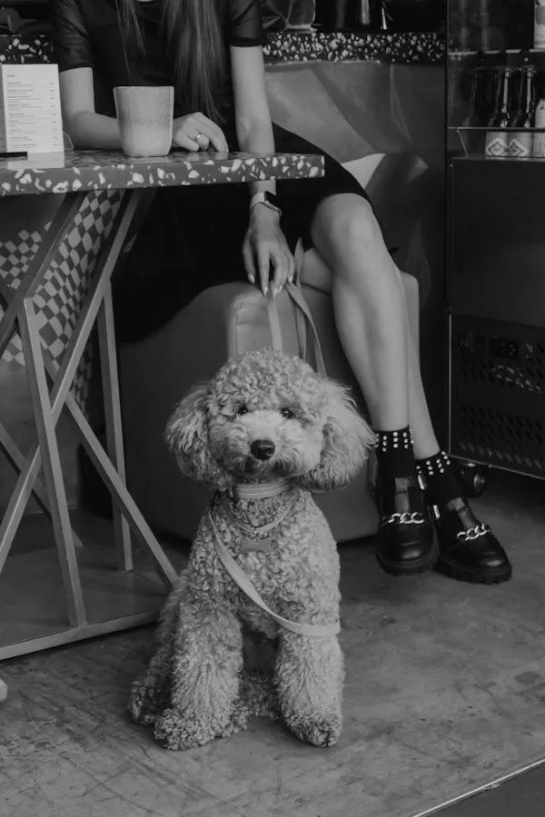 Curly Poodle Sitting with Owner in Stylish Cafe Interior