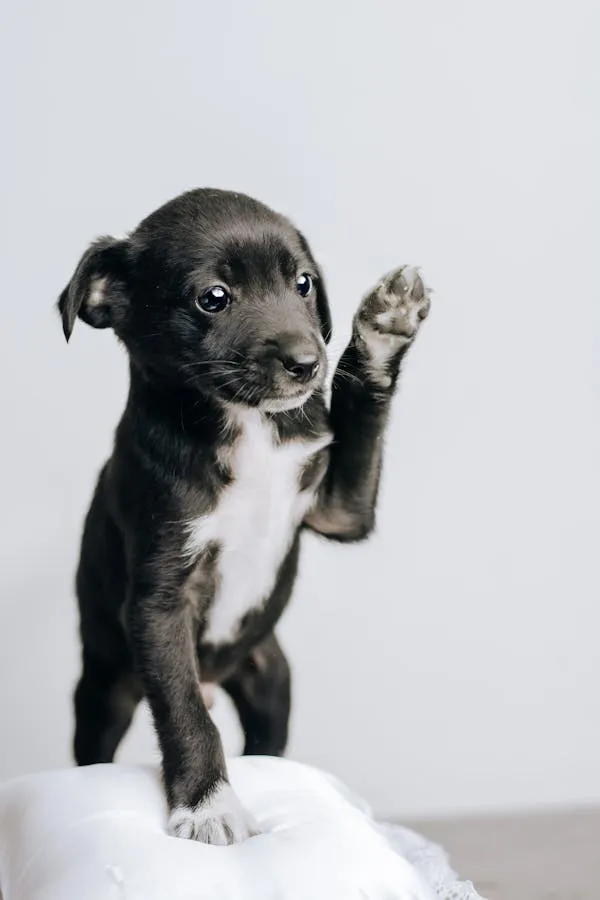 Cute Black Puppy Raising its Paw Sitting on a White Couch