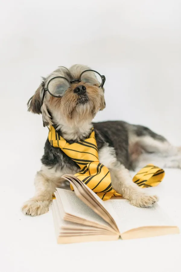 Cute Dog Wearing Glasses and Tie Reading a Book Image