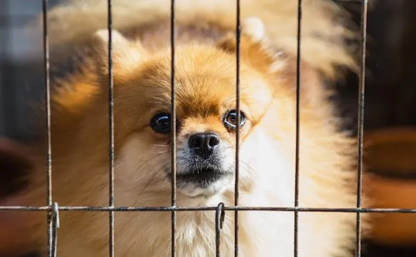 Cute Pomeranian Behind a Metal Cage Looking Sad Wallpaper