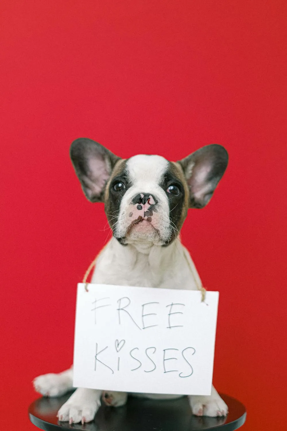 Cute Puppy Holding Free Kisses Sign on Red Background