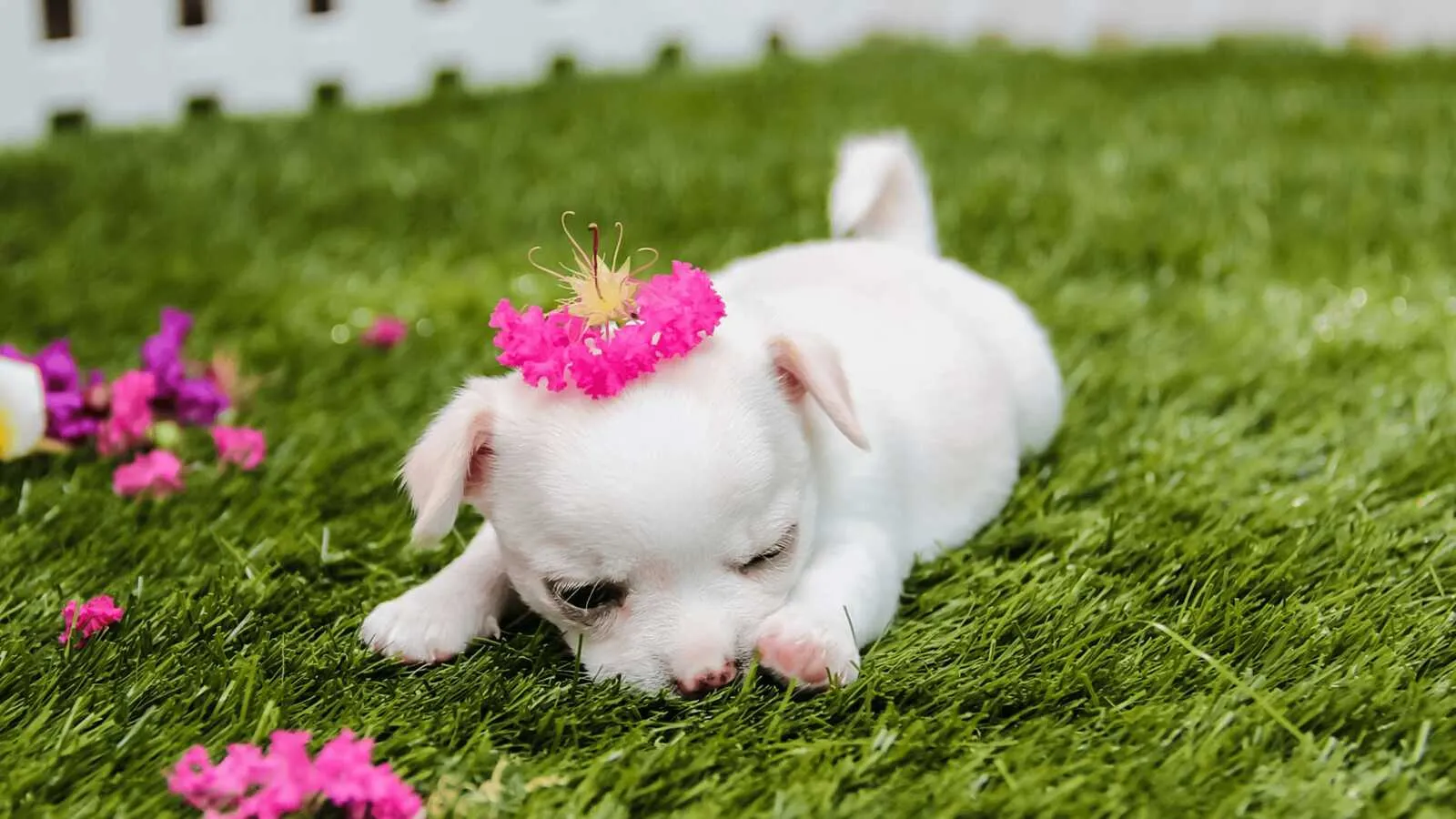 Cute White Puppy Lying on Grass with Pink Flower Crown Image
