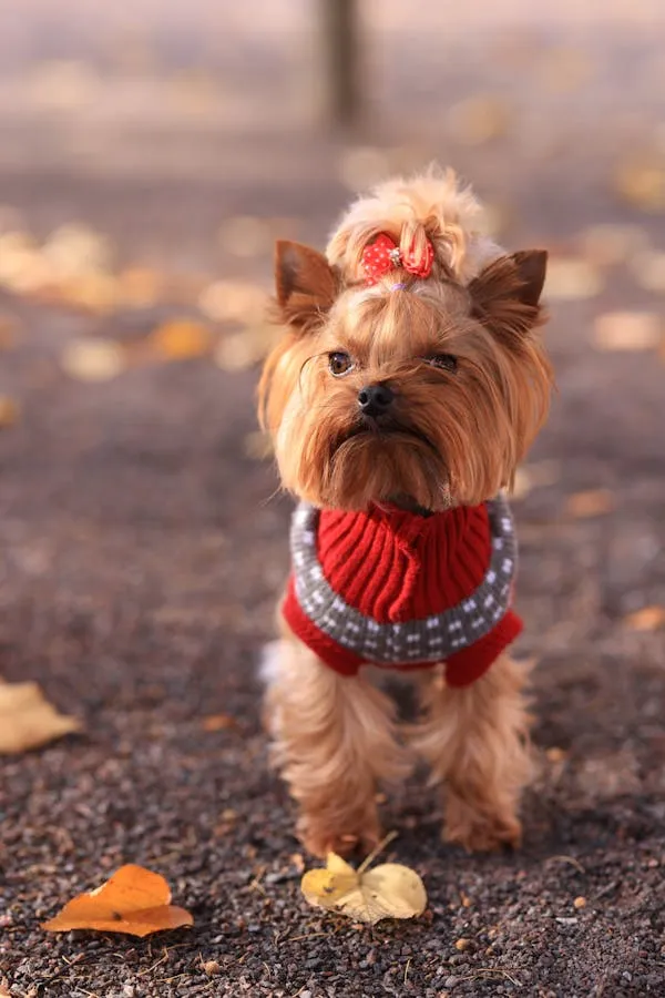 Cute Yorkshire Terrier Puppy in Red Outfit Free Wallpaper