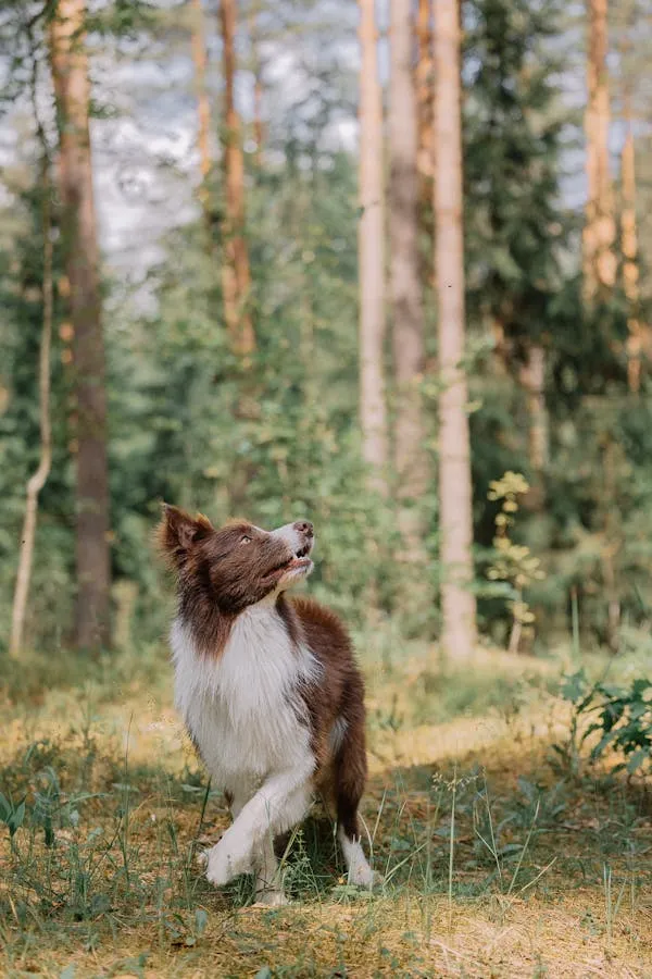 Dog Enjoying a Walk in the Forest on a Sunny Day Wallpaper