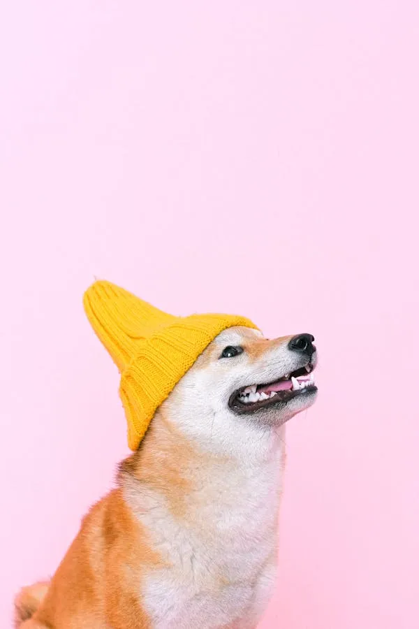 Dog in Yellow Beanie Hat Looking Up with a Pink Background