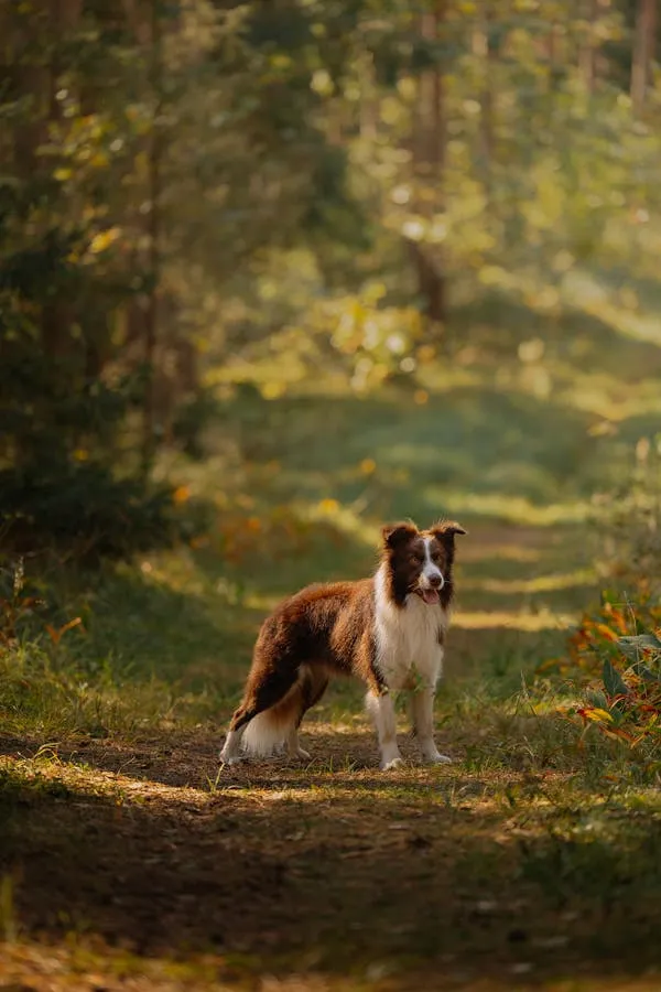 Dog Walking Through a Forest Path in Warm Sunlight Image