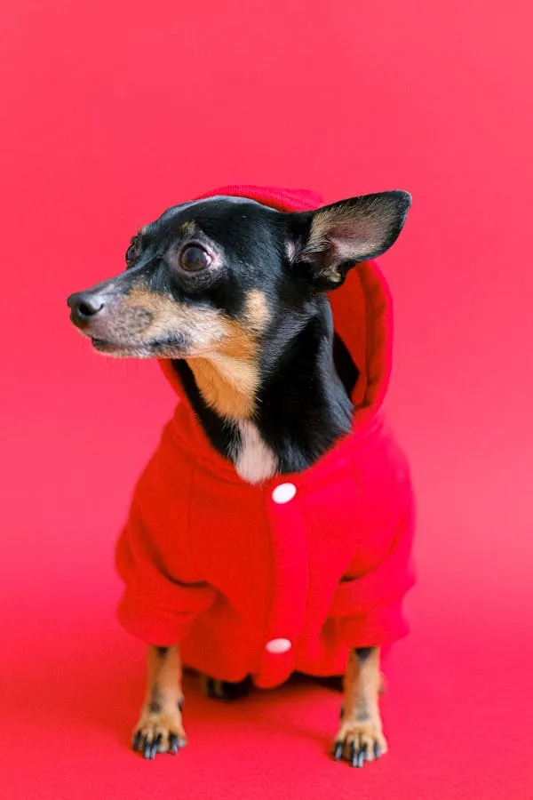 Dog Wearing Bright Red Coat Posing on Red Background Hd