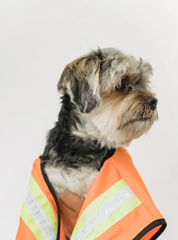 Dog Wearing Orange Safety Vest Looking To the Side Hd