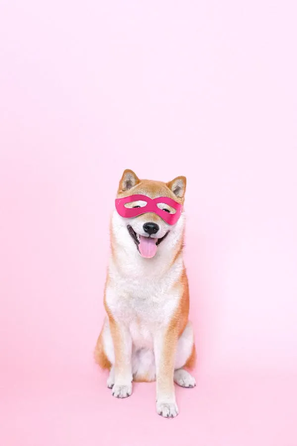 Dog Wearing Pink Superhero Mask with Pastel Background Image