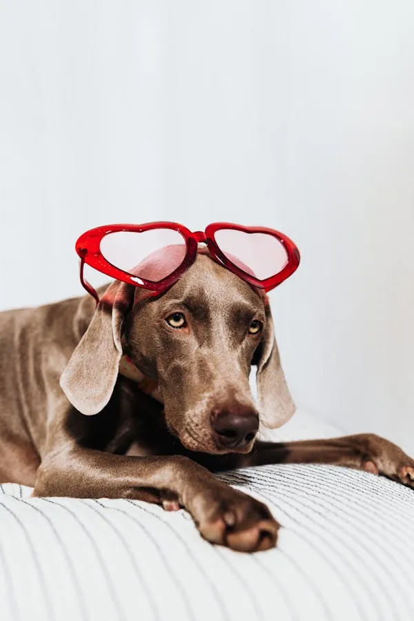 Dog Wearing Red Heart Glasses Lying on White Blanket Image
