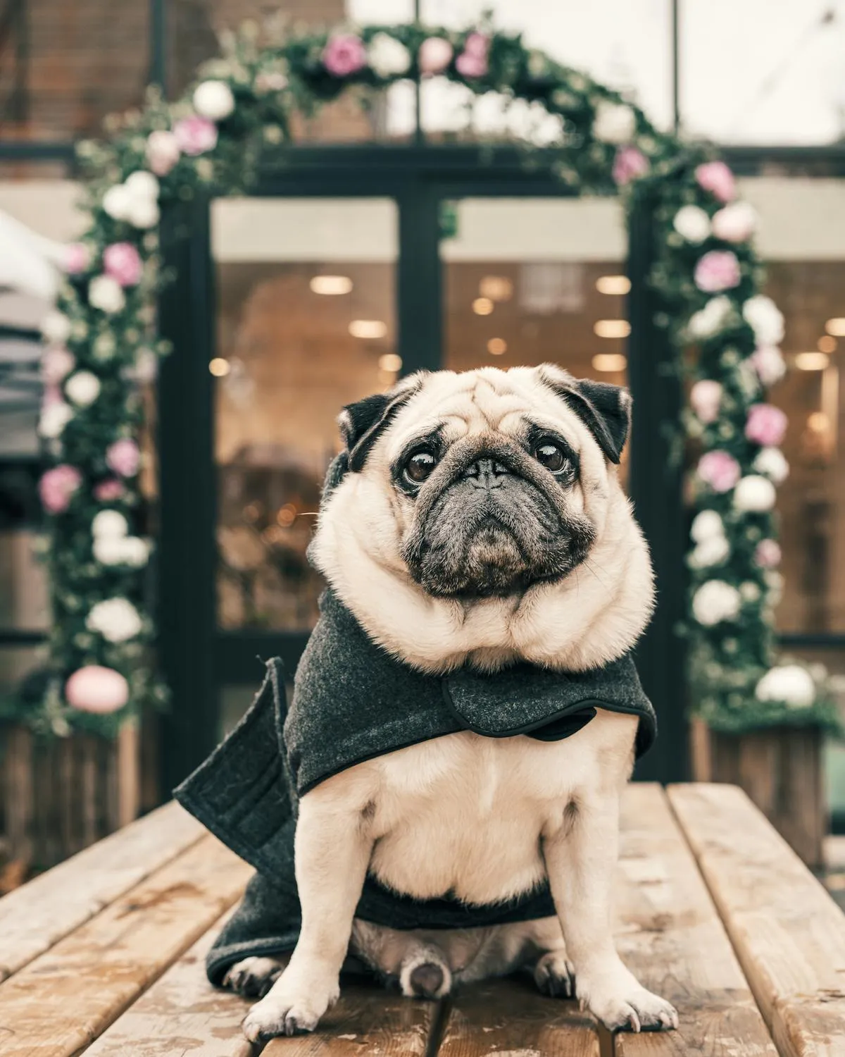 Dressed Up Pug Sitting on a Bench with a Floral Arch