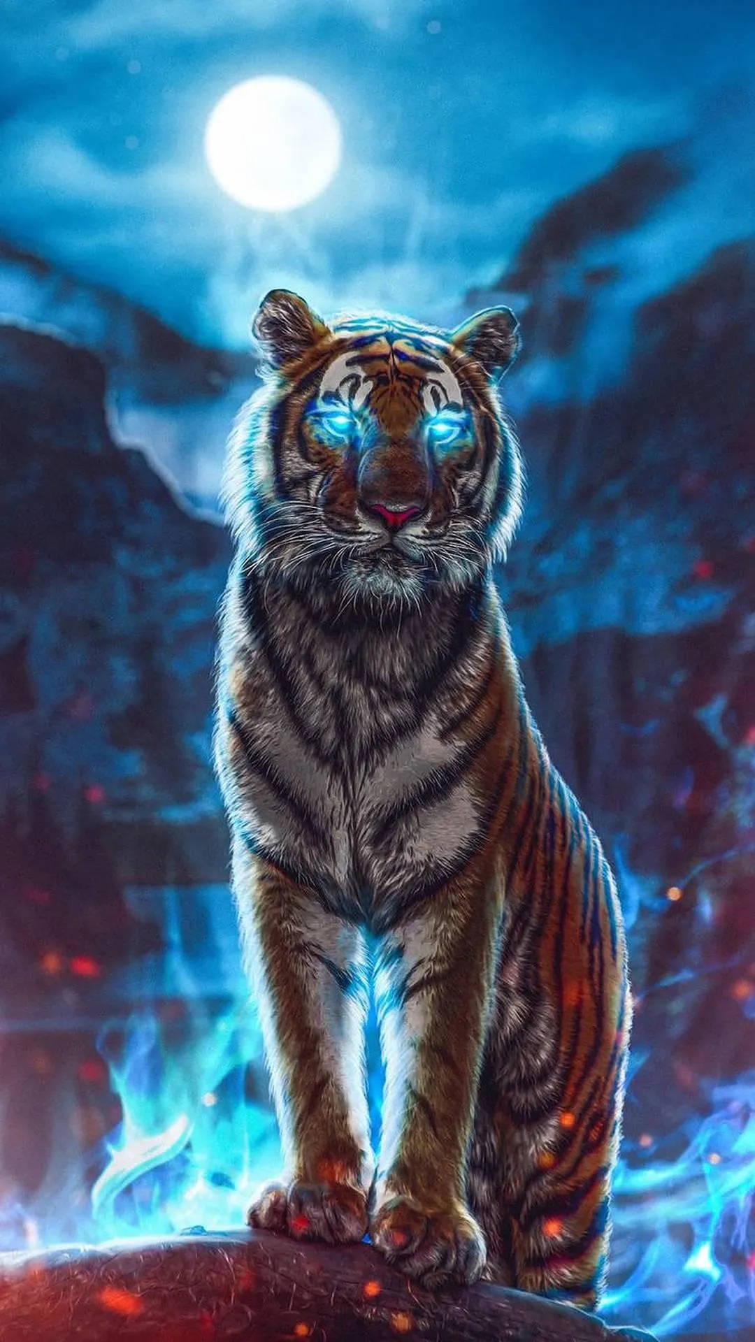 Fantasy glowing tiger with blue neon eyes and aura